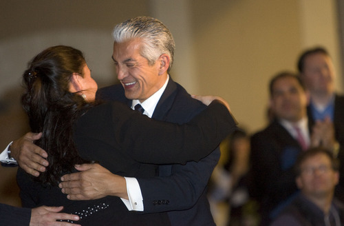 Al Hartmann  |  The Salt Lake Tribune
Javier Palomarez, president of the U.S. Hispanic Chamber of Commerce, gives a hug to keynote speaker Anna Escobedo Cabral at the Utah Hispanic Chamber of Commerce 5th Annual Convention and Expo on Friday.