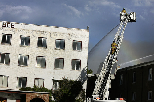 SCOTT SOMMERDORF  |  The Salt Lake Tribune
A four alarm fire broke out Saturday at an unoccupied building near 600 West between 200 and 300 South across from the Intermodal Hub. No injuries were reported.
