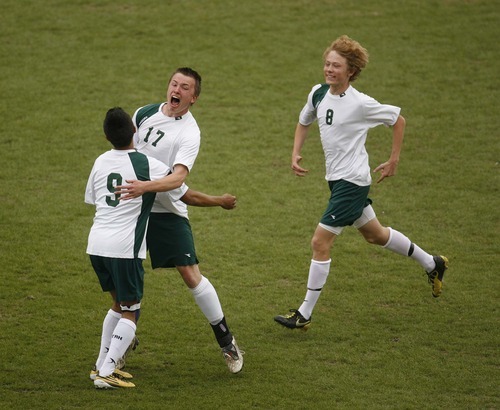Trent Nelson  |  The Salt Lake Tribune
St. Joseph's Ty Evans (17) celebrates his goal with teammates Ivan Sanchez (9) and Adam Brodstein (8). Waterford defeats St. Joseph 2-1 in the 2A State Championship high school soccer game at Rio Tinto Stadium, in Sandy, Utah, Saturday, May 14, 2011.