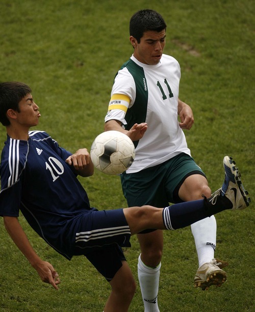 Trent Nelson  |  The Salt Lake Tribune
Waterford's 10 and St. Joseph's Dino Soto (11) go after the ball as Waterford defeats St. Joseph 2-1 in the 2A State Championship high school soccer game at Rio Tinto Stadium, in Sandy, Utah, Saturday, May 14, 2011.