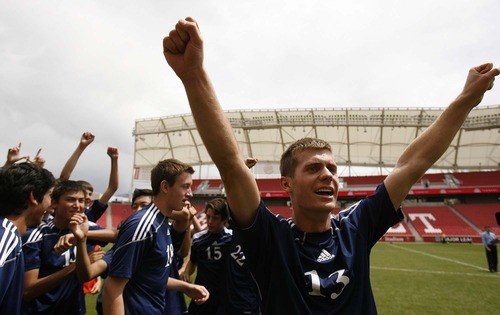 Trent Nelson  |  The Salt Lake Tribune
Waterford's David Beesley celebrates after defeating St. Joseph 2-1 in the 2A State Championship high school soccer game at Rio Tinto Stadium, in Sandy, Utah, Saturday, May 14, 2011.