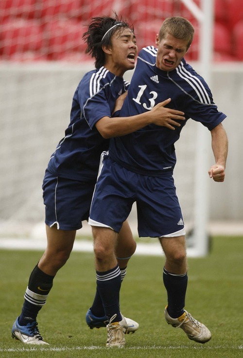 Trent Nelson  |  The Salt Lake Tribune
Waterford's Jacob Chung, left, and David Beesley celebrate Beesley's goal as Waterford defeats St. Joseph 2-1 in the 2A State Championship high school soccer game at Rio Tinto Stadium, in Sandy, Utah, Saturday, May 14, 2011.
