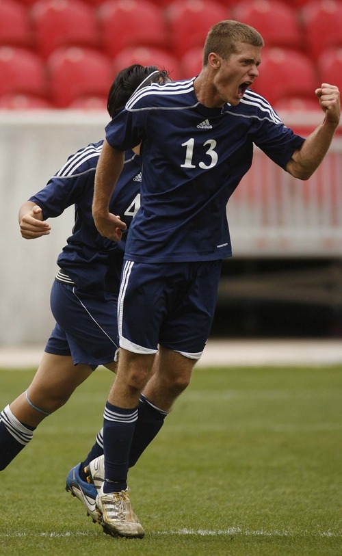 Trent Nelson  |  The Salt Lake Tribune
Waterford's David Beesley celebrates his goal as Waterford defeats St. Joseph 2-1 in the 2A State Championship high school soccer game at Rio Tinto Stadium, in Sandy, Utah, Saturday, May 14, 2011.