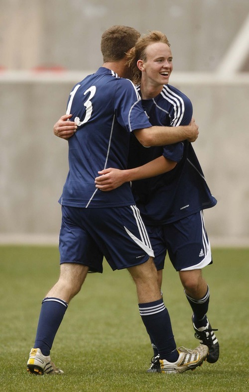 Trent Nelson  |  The Salt Lake Tribune
Waterford's David Beesley, left, and Josh Warner celebrate after Waterford defeated St. Joseph 2-1 in the 2A State Championship high school soccer game at Rio Tinto Stadium, in Sandy, Utah, Saturday, May 14, 2011.