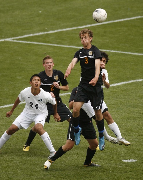 Trent Nelson  |  The Salt Lake Tribune
Wasatch's Collin Hopkins heads the ball. Juan Diego vs. Wasatch in the 3A State Championship high school soccer game at Rio Tinto Stadium, in Sandy, Utah, Saturday, May 14, 2011.