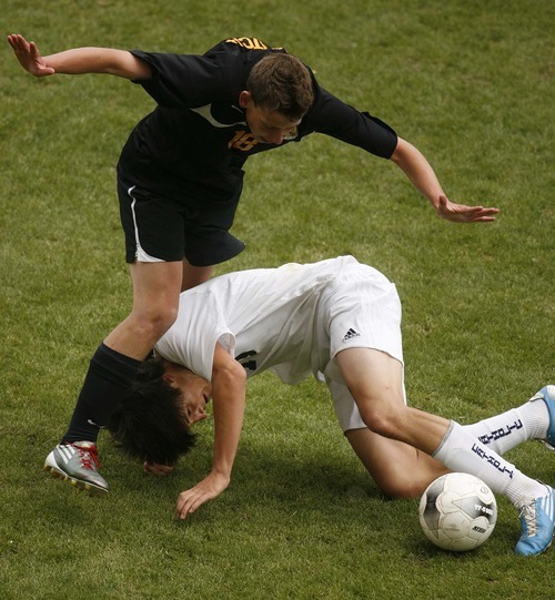 Trent Nelson  |  The Salt Lake Tribune
Wastach's Benjamin Powell and Juan Diego's Skyler Doran get tangled up. Juan Diego vs. Wasatch in the 3A State Championship high school soccer game at Rio Tinto Stadium, in Sandy, Utah, Saturday, May 14, 2011.
