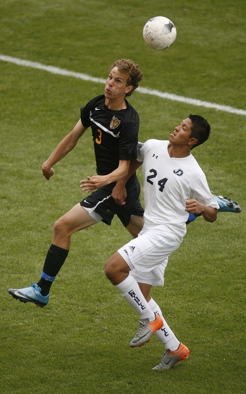 Trent Nelson  |  The Salt Lake Tribune
Wasatch's Collin Hopkins and Juan Diego's Carlos Robles leap for the ball. Juan Diego vs. Wasatch in the 3A State Championship high school soccer game at Rio Tinto Stadium, in Sandy, Utah, Saturday, May 14, 2011.