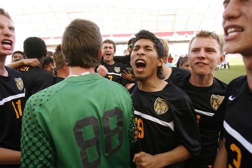 Trent Nelson  |  The Salt Lake Tribune
Wasatch players celebrate after defeating Juan Diego 1-0 in the 3A State Championship high school soccer game at Rio Tinto Stadium, in Sandy, Utah, Saturday, May 14, 2011.