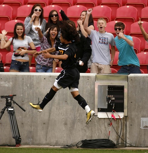 Trent Nelson  |  The Salt Lake Tribune
Wasatch's Alex Espinoza celebrates after scoring as Wasatch defeats Juan Diego 1-0 in the 3A State Championship high school soccer game at Rio Tinto Stadium, in Sandy, Utah, Saturday, May 14, 2011.