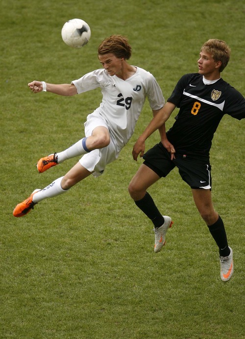 Trent Nelson  |  The Salt Lake Tribune
Juan Diego's Michael Kelliher heads the ball, ahead of Wasatch's Jackson Cheal. Juan Diego vs. Wasatch in the 3A State Championship high school soccer game at Rio Tinto Stadium, in Sandy, Utah, Saturday, May 14, 2011.