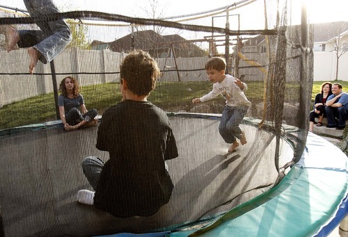 Trent Nelson  |  The Salt Lake Tribune
New state Sen. Aaron Osmond and his wife, Nancy, watch Daniel, Madalyn, Ryan and Jackson jump on a trampoline on Friday in their backyard in South Jordan.