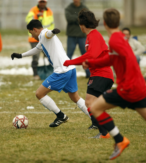 Chris Detrick | The Salt Lake Tribune 
Cyprus' Andy Rodriguez scores a goal during the game at Cyprus High School on Friday.