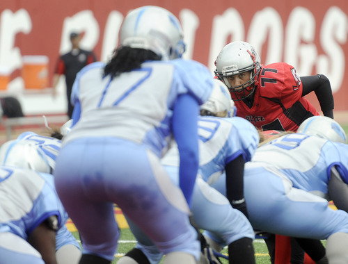 Sarah A. Miller  |  The Salt Lake Tribune

Utah Blitz player Concetta Defa calls a play at the Judge Memorial High School football field Saturday afternoon May 14, 2011. The all-female team played the Las Vegas Show Girlz.