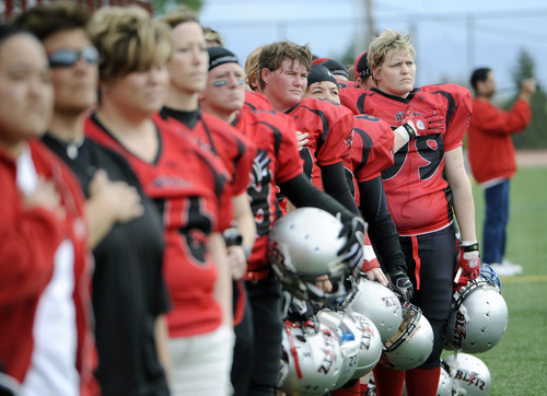 Sarah A. Miller  |  The Salt Lake Tribune

Utah Blitz players stand for the National Anthem before their game at the Judge Memorial High School football field Saturday afternoon May 14, 2011. The all-female tackle football team played the Las Vegas Show Girlz.