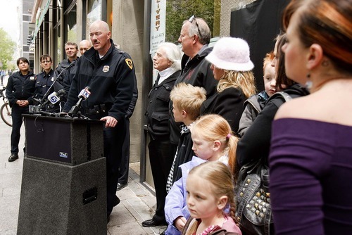 Trent Nelson  |  The Salt Lake Tribune
Salt Lake City Police Chief Chris Burbank speaks at the ceremony honoring two Salt Lake City police officers killed in the line of duty in 1924.