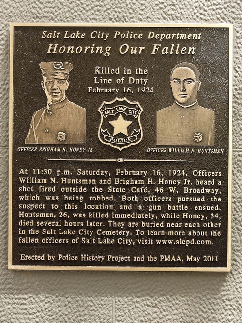 Trent Nelson  |  The Salt Lake Tribune
A plaque was unveiled honoring two Salt Lake City police officers, Brigham Honey and William Huntsman, who were killed in the line of duty in 1924.