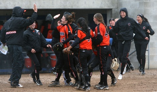 Steve Griffin  |  The Salt Lake Tribune

The Murray softball team celebrates their victory over West Jordan at the Salt Community College in Taylorsville, Utah Wednesday, May 18, 2011.