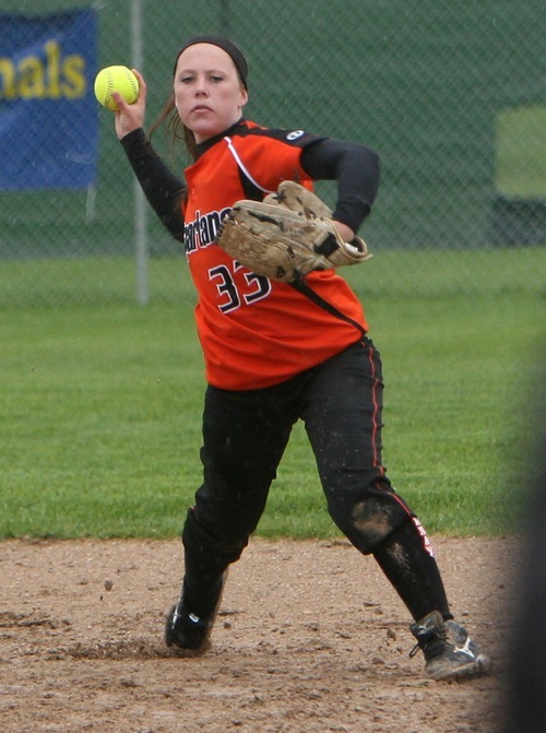 Steve Griffin  |  The Salt Lake Tribune

 Murray shortstop Sara Park fires to first for an out during game against West Jordan at the Salt Community College in Taylorsville, Utah Wednesday, May 18, 2011.