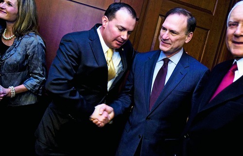 Djamila Grossman  |  Tribune file photo
Sen. Mike Lee, R-Utah, talks to Supreme Court Justice Samuel Alito, after Lee was sworn in as a senator last January. Sen. Orrin Hatch, R-Utah, is at right. Lee cited Goodwin Liu's criticisms of Alito, Lee's friend and mentor, in explaining his vote against Liu's nomination to the 9th Circuit Court of Appeals.