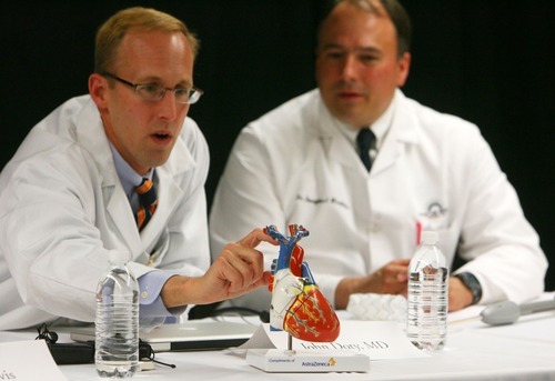 Steve Griffin  |  The Salt Lake Tribune
John Doty, left, and Douglas Wirthlin were members of a team of doctors from Intermountain Medical Center who performed a series of complex heart surgeries that they believe have never been done before in Utah, and have been rarely performed worldwide.