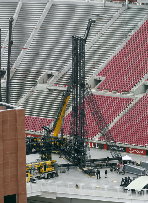 Scott Sommerdorf  |  Salt Lake Tribune
Part of the huge stage being built inside the University of Utah's Rice-Eccles stadium in 2010 before the tour was postponed to 2011.