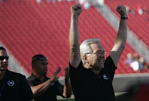 Djamila Grossman  |  The Salt Lake Tribune

Highland coach Larry Gelwix cheers as his team scores in a game against United in the Rugby Championship game at Rio Tinto Stadium in Sandy, Utah, on Saturday, May 21, 2011. Highland won the game, which was Gelwix's last with the team.