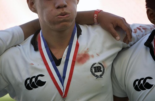 Djamila Grossman  |  The Salt Lake Tribune

The view of a blood-stained jersey of a Highland rugby player after the team won against United in the Rugby Championship game at Rio Tinto Stadium in Sandy, Utah, on Saturday, May 21, 2011.