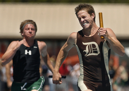 Scott Sommerdorf  |  The Salt Lake Tribune
Davis High's Dallin Hart powered through running the anchor leg of the boys 5A 4x100m relay, but finished second to Copper Hills at the State High School Track Championships held at BYU in Provo, Saturday, May 21, 2011.