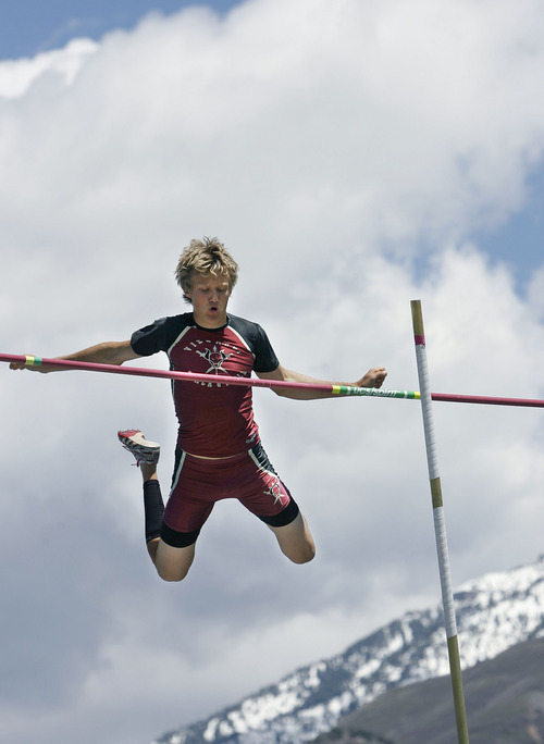 Scott Sommerdorf  |  The Salt Lake Tribune
Dallas Singley of Viewmont clears 15 feet during the boys 5A pole vault event at the State High School Track Championships held at BYU in Provo. Singley finished third in the event.