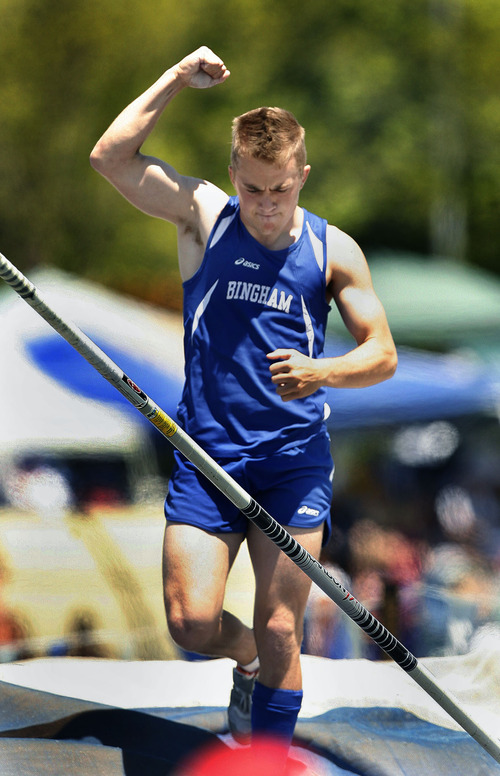 Scott Sommerdorf  |  The Salt Lake Tribune
Dillon Robinson of Bingham celebrates his win in the boys 5A pole vault event at the State High School Track Championships held at BYU in Provo, Saturday, May 21, 2011.