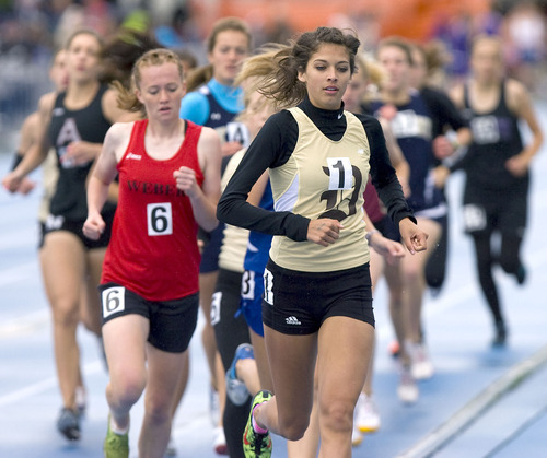 Al Hartmann  |  The Salt Lake Tribune
Davis High School's Shea Martinez  increases her lead over the pack in the girls 1,600-meter 5A final Friday morning at the Utah State Track Meet held at BYU.  She went on to easily win the event.