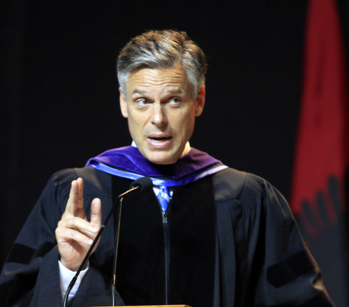 Possible 2012 presidential hopeful, former Republican Gov. Jon Huntsman, Jr., of Utah gives a commencement  address to more than 1,000 students at Southern New Hampshire University, Saturday, May 21, 2011 in Manchester, N.H. (AP Photo/Jim Cole)
