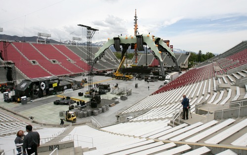 Steve Griffin  |  The Salt Lake Tribune

The U2 360 Tour stage engulfs the south section of the football field inside Rice Eccles Stadium in Salt Lake City on Monday, May 23, 2011.