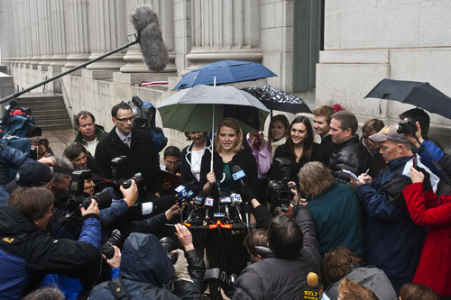 Chris Detrick  |  The Salt Lake Tribune 
Elizabeth Smart talks to members of the media after a jury found Brian David Mitchell guilty Dec. 10, 2010. 