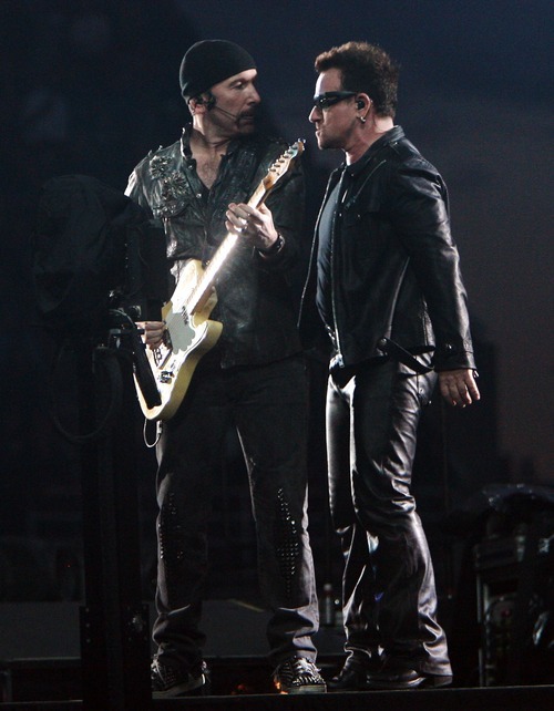 Steve Griffin  |  The Salt Lake Tribune

The Edge and Bono stand together as the perform during the U2 360 Tour concert at Rice Eccles Stadium in Salt Lake City on Tuesday, May 24, 2011.
