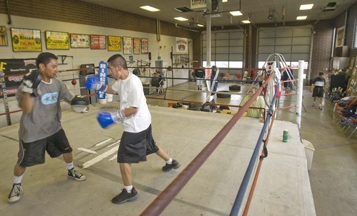 Paul Fraughton  |  The Salt Lake Tribune
Diego Barrios, left, and Roman Barrios work out in the ring at The Fullmer Brothers Gym in West Jordan.