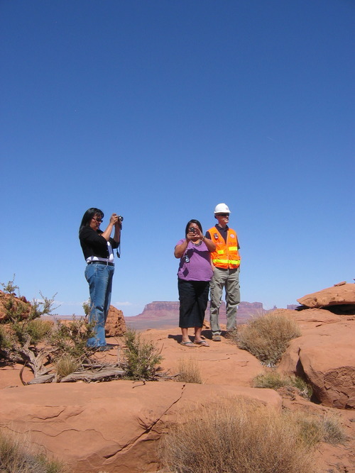 Judy Fahys |  The Salt Lake Tribune
Mary Helen Begay, Helen Myerson and Jason Musante discuss the cleanup of uranium contamination leftover from the Skyline Mine on the western edge of Monument Valley.
