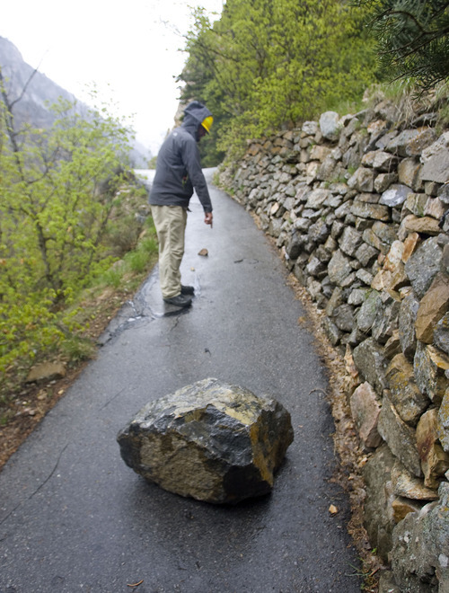 Al Hartmann  |  The Salt Lake Tribune
Rocks can fall along the trail to Timpanogos Cave in American Fork Canyon.    The monument has made many safety improvements along the steep 1.5-mile trail leading to the cave in several dangerous areas in the wake of recent falls over the past few years, including the death of an employee last year.  The trail improvements are to be mostly finished this week as the cave opens for the 2011 season May 27.