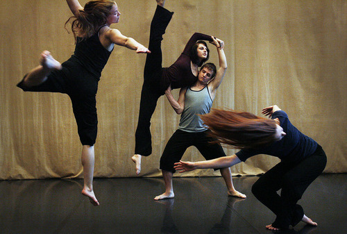 Scott Sommerdorf  |  The Salt Lake Tribune
University of Utah dance students (left to right); Wyn Pottratz, Shelby Terrell, Dace Stringan, and Emily Terndrup practice at the University's Marriott Center for Dance, Monday, May 23, 2011.