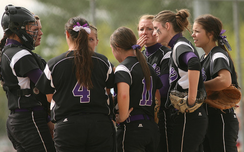 Leah Hogsten  |  The Salt Lake Tribune
Tooele strategizes during the 5th inning of a tie game. 
Spanish Fork  High School girls defeated Tooele High 6-5  to win the 4A Championship Softball Championship title , Friday, May 27 2011 in West Valley City.