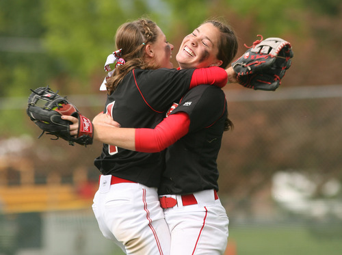 Leah Hogsten  |  The Salt Lake Tribune
Spanish Fork's Mckinley Brinkerhoff celebrates a catch by Brooke Kramer for the out. 
Spanish Fork  High School girls defeated Tooele High 6-5  to win the 4A Championship Softball Championship title , Friday, May 27 2011 in West Valley City.