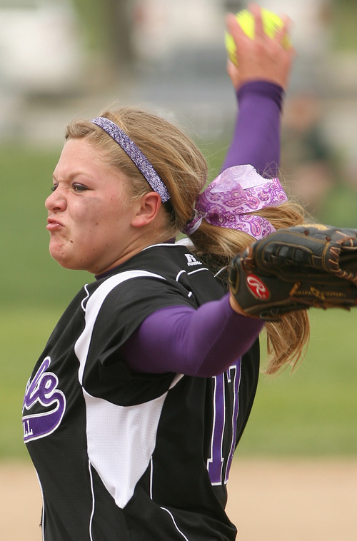 Leah Hogsten  |  The Salt Lake Tribune
Tooele pitcher Lauren Frailey winds up a pitch during title game for the 4A softball crown. Just a freshman, Frailey took over for starter Whitney Holt in both games of the 4A championship. The Buffaloes lost to Spanish Fork.