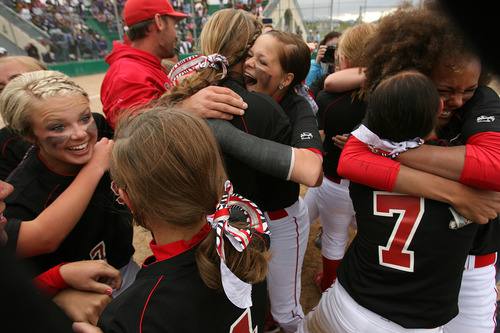 Leah Hogsten  |  The Salt Lake Tribune
Spanish Fork celebrates the win. 
Spanish Fork  High School girls defeated Tooele High 6-5  to win the 4A Championship Softball Championship title , Friday, May 27 2011 in West Valley City.