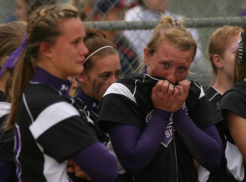 Leah Hogsten  |  The Salt Lake Tribune
Tooele High softball team reacts after losing 6-5 to Spanish Fork High in the title game for the 4A Championship Softball Championship May 27 in West Valley City. Tooele High was looking for its third 4A state softball title in four seasons but came up short.