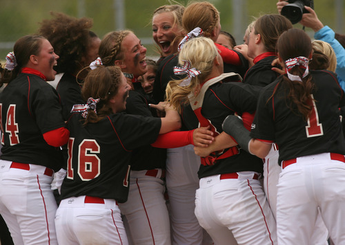 Leah Hogsten  |  The Salt Lake Tribune
Spanish Fork celebrates the win. 
Spanish Fork  High School girls defeated Tooele High 6-5  to win the 4A Championship Softball Championship title , Friday, May 27 2011 in West Valley City.