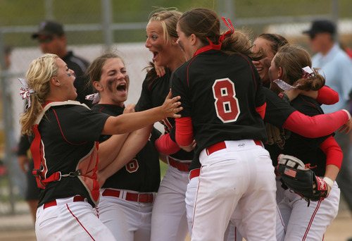 Leah Hogsten  |  The Salt Lake Tribune
Spanish Fork pitcher Kailey Christensen (center) celebrates the championship with teammates l-r catcher Lyndsey Healey, Kayla Larson and Brooke Kramer. 
Spanish Fork  High School girls defeated Tooele High 6-5  to win the 4A Championship Softball Championship title , Friday, May 27 2011 in West Valley City.