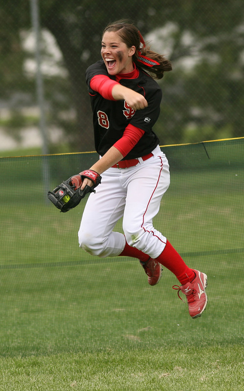Leah Hogsten  |  The Salt Lake Tribune
Spanish Fork's Brooke Kramer celebrates making the out after a fly ball in the 7th. 
Spanish Fork  High School girls defeated Tooele High 6-5  to win the 4A Championship Softball Championship title , Friday, May 27 2011 in West Valley City.