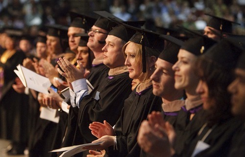 Trent Nelson  |  The Salt Lake Tribune
Graduates applaud as Jaimee Joy Allred is honored with the Neisen R. Bank Memorial Award at Westminster College's Commencement Exercises at the Maverik Center in West Valley City, Utah, on Saturday.