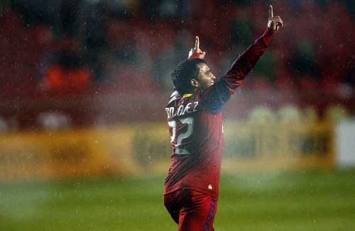 Djamila Grossman  |  The Salt Lake Tribune

Real Salt Lake plays the Seattle Sounders at Rio Tinto Stadium in Sandy, Utah, on Saturday, May 28, 2011. Real's Nelson Gonzalez (22) celebrates his goal.