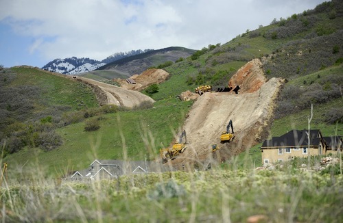 Sarah A. Miller  |  The Salt Lake Tribune
The Kern River Gas Transmission Co. is installing pipeline on the moutainside in North Salt Lake alongside the route of its current pipeline to have dual pipelines and increased capacity. Some North Salt Lake residents worry about the impact on the land.